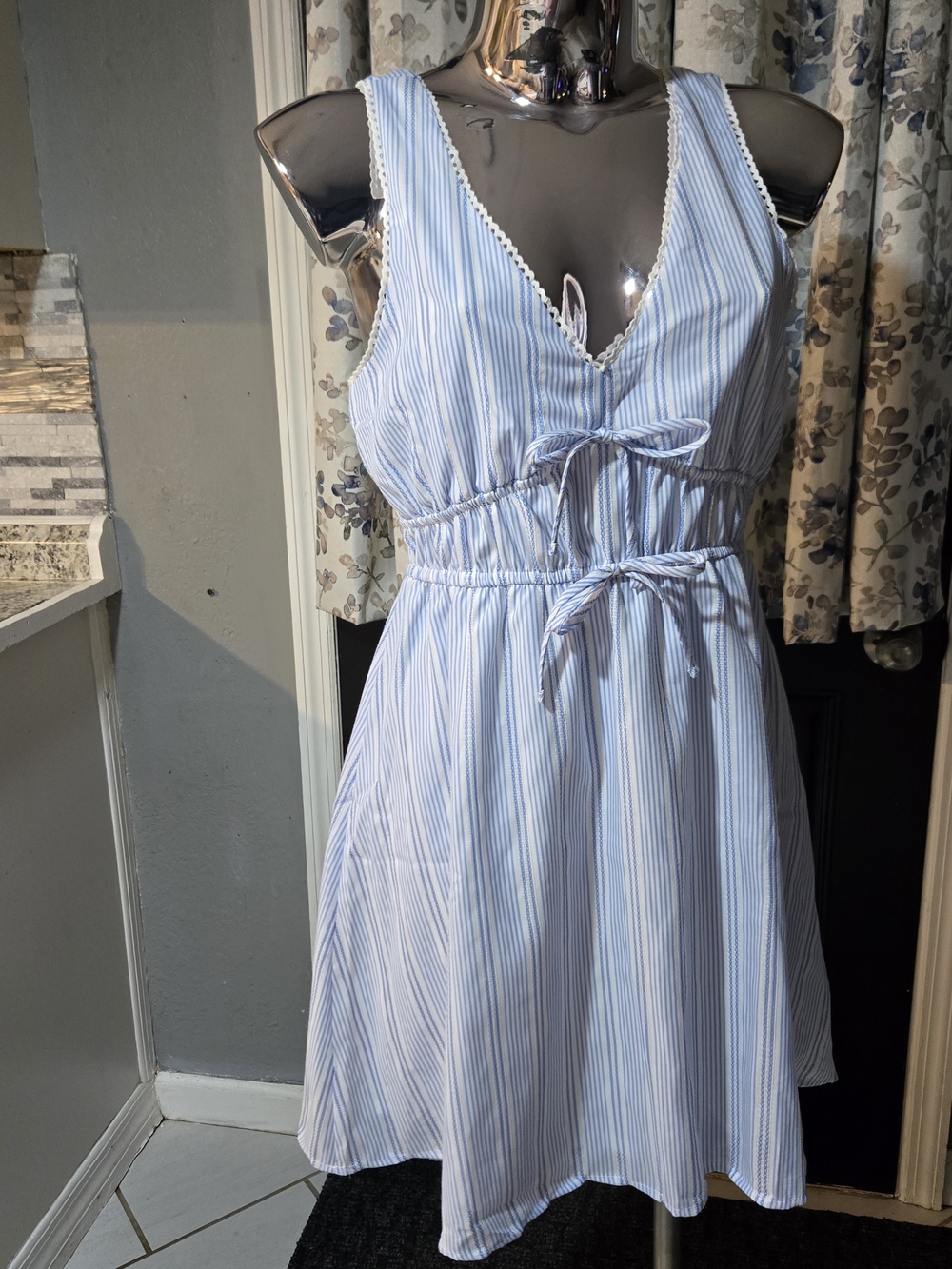 Derek Heart Light Blue & White Striped Tie-Waist Mini Dress